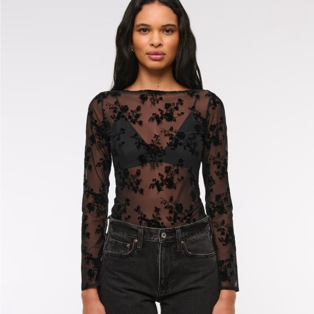 Black Floral Mesh Top
